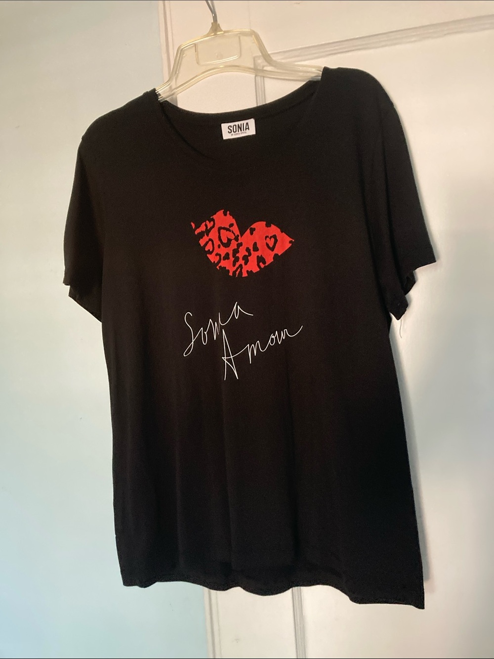 Sonia Rykiel Black Short-Sleeve Tee with Red Leopard Heart